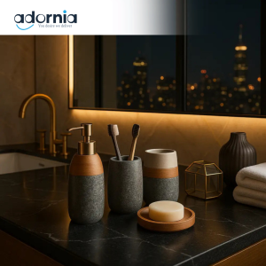 Penthouse 4-Piece Stone & Wood Bathroom Set – Natural Elegance