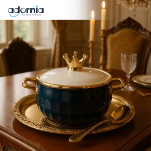 Royal Crown Ceramic Casserole – Navy Blue with Golden Lid Handle