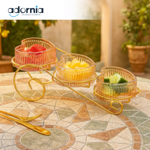 Crystal Heart Snack Bowl Set – 3pcs Elegant Serving Tray with Gold Stand