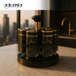 Imperial Marble Rotating Spice Jar Set – 8-Piece Gold Edition Kitchen Organizer