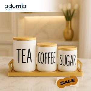3-Piece White Ceramic Kitchen Jar Set – Airtight Containers with Wooden Lids