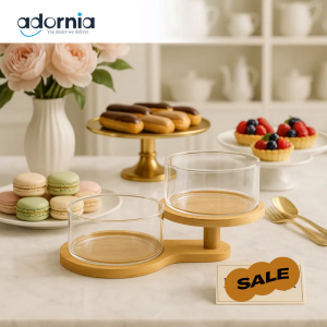 Luxury Dual Glass Dessert Bowl Set with Bamboo Stand – Tiered Dessert Server for Home & Events