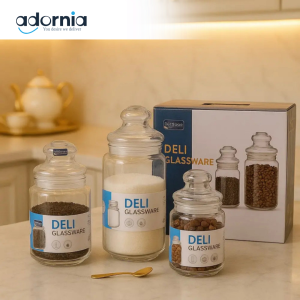 3-Piece DELISOGA Glass Jar Set – Airtight Storage for Tea, Coffee, Sugar (400ml, 430ml, 725ml)