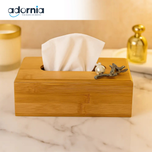 Luxury Bamboo Tissue Box with Silver Branch & Pomegranate Accent – Elegant Wooden Dispenser