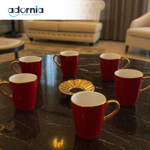 ANGELA 6-PIECE LUXURY RED COFFEE MUG SET WITH GOLD HANDLES & SUNBURST SAUCER – ELEGANT ESPRESSO CUPS FOR VILLA TABLETOP DISPLAY