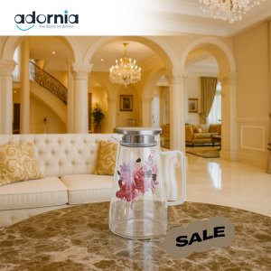 ANGELA GLASS WATER PITCHER WITH FLORAL DESIGN – ELEGANT JUICE & BEVERAGE JUG WITH STAINLESS STEEL LID FOR LUXURY VILLA SERVING