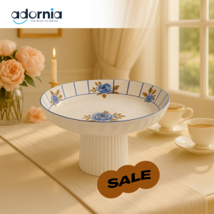 ANGELA FLORAL PORCELAIN PEDESTAL FRUIT BOWL – ELEGANT BLUE ROSE CENTERPIECE FOR LUXURY DINING & TEA TABLES