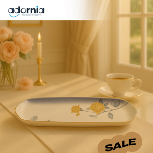 ANGELA FLORAL PORCELAIN RECTANGULAR SERVING TRAY – ELEGANT BLUE & GOLD SNACK PLATTER FOR LUXURY TEA PARTIES & DINING