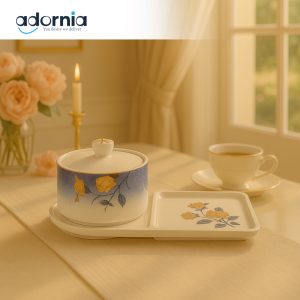 ANGELA FLORAL PORCELAIN CONDIMENT JAR WITH LID & SERVING TRAY – ELEGANT TWO-IN-ONE SNACK DISH FOR LUXURY TEA SETTINGS