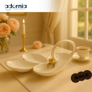 ANGELA PORCELAIN LEAF-SHAPED SERVING DISH WITH HANDLE – LUXURY MULTI-SECTION SNACK TRAY FOR TEA PARTIES & DINING TABLE DECOR