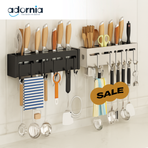 WALL-MOUNTED KITCHEN UTENSIL RACK – MULTI-FUNCTION KNIFE & TOOL HOLDER WITH HOOKS AND STORAGE SLOTS