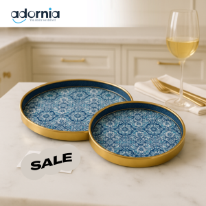 Moroccan Blue Pattern Round Tray Set – 2 Pcs