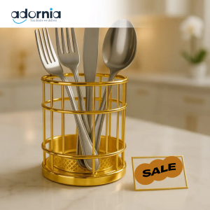 Luxury Gold Metal & Wooden Base Utensil Holder – Premium Cutlery Organizer