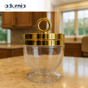 LUXURY GLASS JAR WITH GOLDEN LID – ELEGANT STORAGE CONTAINER FOR KITCHEN & DINING F4707