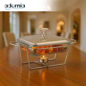 LUXURY VILLA BUFFET SQUARE BURNER DISH 2L WITH SILVER STAINLESS STEEL STAND - EB-1442