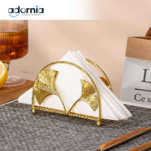 GOLD METAL NAPKIN HOLDER WITH GINKGO LEAF DESIGN – LUXURY VILLA DINING TABLE DECOR YM2813G
