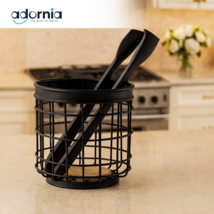 BLACK WIRE UTENSIL HOLDER WITH WOODEN BASE & SILICONE TONGS – LUXURY KITCHEN COUNTER ORGANIZER YM16615