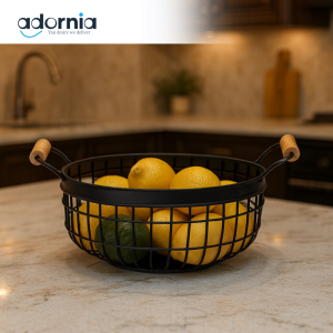 BLACK WIRE FRUIT BASKET WITH WOODEN HANDLES – LUXURY KITCHEN COUNTERTOP FRUIT HOLDER YM16614