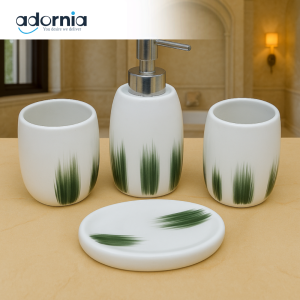 PREMIUM BATHROOM SET – CERAMIC LOTION DISPENSER, CUP, HOLDER & SOAP TRAY - WHITE JY018