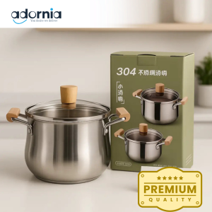 Premium 304 Stainless Steel Cooking Pot with Wooden Handles & Glass Lid