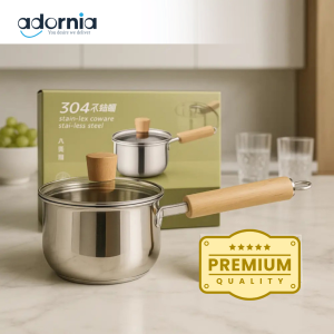 Premium 304 Stainless Steel Saucepan with Wooden Handle & Glass Lid (18cm)