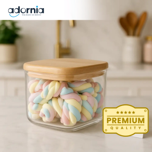 Premium Airtight Glass Storage Jar with Bamboo Lid – Luxury Kitchen Organizer (Small)