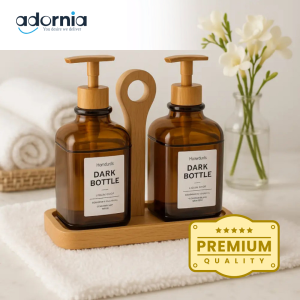 Luxury Amber Soap & Lotion Dispenser Set with Wooden Tray – Refillable Pump Bottles