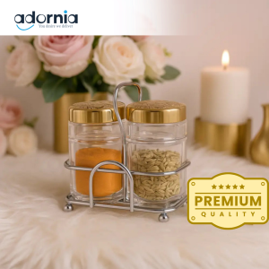 Luxury Glass Spice Jar Set with Golden Lids & Holder – Premium Kitchen Storage