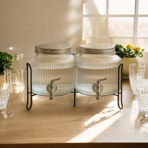 Double Glass Beverage Dispenser with Metal Stand – 2.5 Litre x2 (Model LX-045) | Adornia.pk