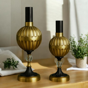 Elegant Gold Orb Metal Vase Set of 2 with Black Base – Large & Small Decorative Vases | Adornia.pk