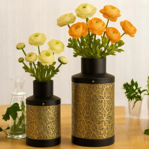Luxury Black & Gold Metal Vase Set of 2 – Embossed Geometric Design | Decorative Home Accent | Adornia.pk