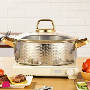 Three-Layer Stainless Steel Cooking Pot with Gold-Edged Glass Lid – 30cm Hand-Hammered 304 Steel Soup Pot | Adornia.pk