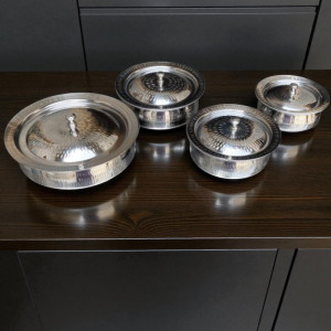Stainless Steel Serving Handi Set (4 Pcs) – Traditional Silver Cookware & Table Serveware | Adornia.pk