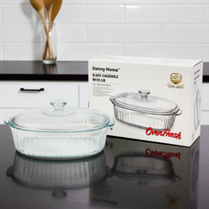 Oval Striped Casserole Pot (2800ml) – Premium Clear Borosilicate Glass Bakeware & Serveware | Adornia.pk