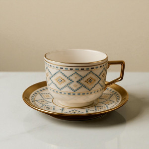 Premium Geometric Gold Rim Tea Cup & Saucer Set – 12 Pcs | Luxury Ceramic Coffee Set