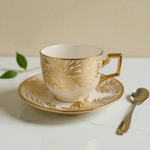 Luxury Gold Leaf Tea Cup & Saucer Set – 12-Piece Premium Porcelain (6 Cups + 6 Saucers)
