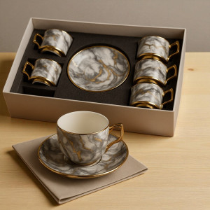 Luxury Marble Gold Tea Cup Set – 12 Pcs (6 Cups + 6 Saucers) | Premium Gift Box | Homducts.pk