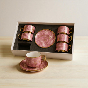 Royal Pink Marble Tea Cup & Saucer Set – 12-Piece Luxury Ceramic Set with Gold Detailing