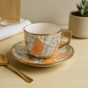 Luxury Marble Kintsugi Tea Cup & Saucer Set – 12 Pcs (6 Cups + 6 Saucers) | Gold-Trimmed Premium Ceramic | Homducts.pk