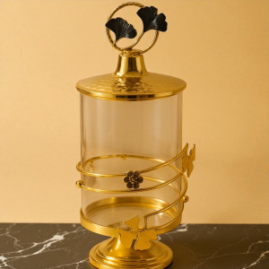 Luxury Golden Ginkgo Glass Storage Jar – Elegant Decorative Container with Floral Metal Wrap