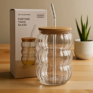 Delisoga Bubble Wave Glass Cup with Bamboo Lid & Glass Straw – Premium Transparent Drinkware