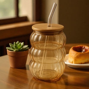 Delisoga Triple-Ripple Amber Glass Cup with Bamboo Lid & Straw