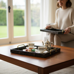 3-Piece Black Aesthetic & Gold Marble-Look Serving Tray Set