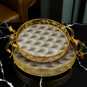 Elegant White & Brown Textured Round Tray Set with Golden Border – 2 Pieces
