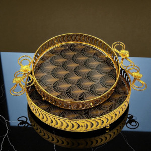 Elegant Black Brown Texture & Golden Border 2pcs Round Tray Set