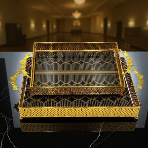 Elegant Black Brown Texture & Golden Border 2pcs Rectangle Tray Set