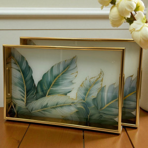 Vibrant Floral Acrylic Tray Duo with Golden Frame – 2 Piece Set