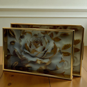Artistic Floral Acrylic Tray Duo with Golden Accent – 2 Piece Set