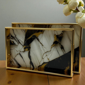 Vibrant Marble Acrylic Tray Duo with Gold Lined Edges – 2 Piece Modern Set