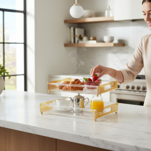 Crystal Gleam Acrylic Tray Duo with Golden Rim – 2 Piece Glass-Texture Organizer Set